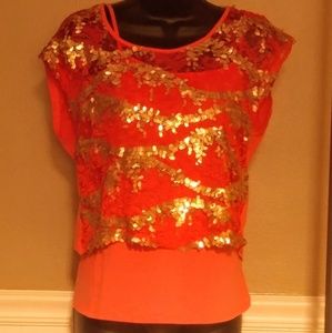 Gold Sequence Deep Coral 2 Piece Shirt